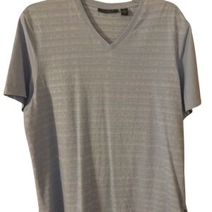 Perry Ellis V-Neck T-Shirt Striped Casual‎ Short Sleeve Top XL Summer Blue EUC